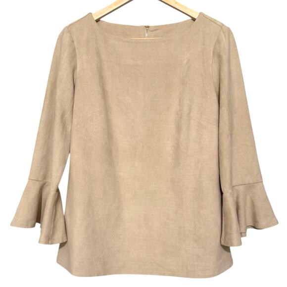 Sail to Sable Beige Suede Bell Sleeve Top Blouse Back Zip Minimal Quiet Luxury - Picture 1 of 8